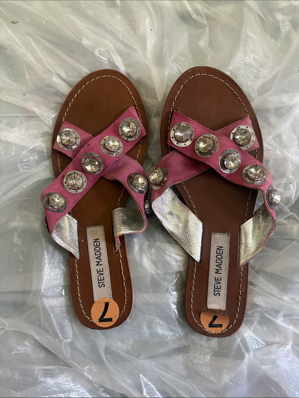 Steve Madden Pink Slide Sandals with Silver Accents and Crystal Studs